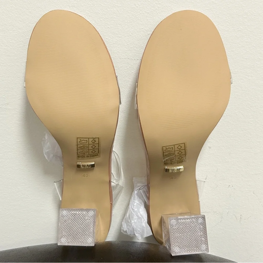 Shein Nude Beige Clear Chunky Block Heels Ankle Strap Buckle Open Toe 40 9 NIB